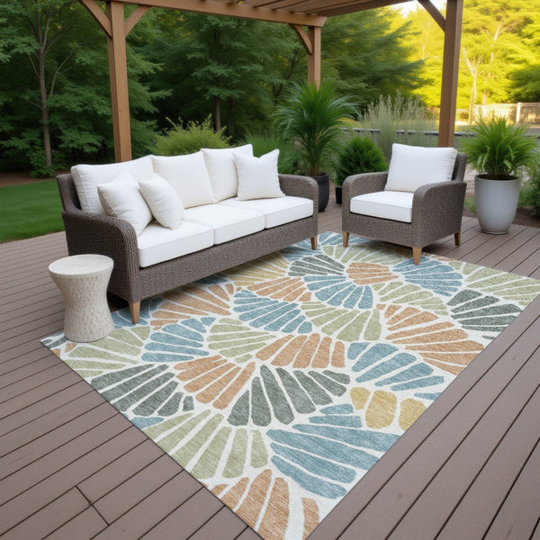 HomeRoots 10' Pale Aqua Floral Area Rug - Copper & Gold Washable Indoor/Outdoor Design for Versatile Spaces 689930