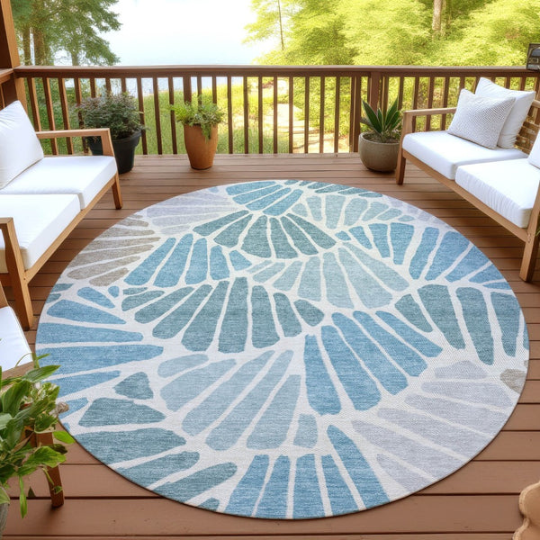 HomeRoots 8' Teal Blue Floral Round Area Rug - Washable, Durable Design for Indoor & Outdoor Spaces, Family-Friendly 689933