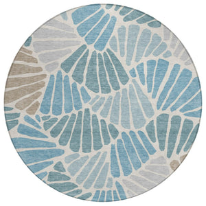 HomeRoots 8' Teal Blue Floral Round Area Rug - Washable, Durable Design for Indoor & Outdoor Spaces, Family-Friendly 689933
