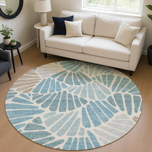 HomeRoots 8' Teal Blue Floral Round Area Rug - Washable, Durable Design for Indoor & Outdoor Spaces, Family-Friendly 689933
