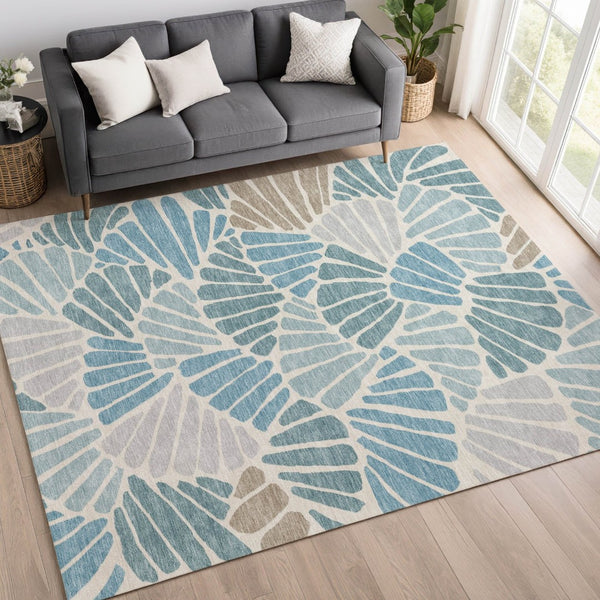 HomeRoots 10' X 14' Teal Blue, Ivory & Gray Floral Washable Area Rug - Perfect for Indoor/Outdoor Spaces! 689936