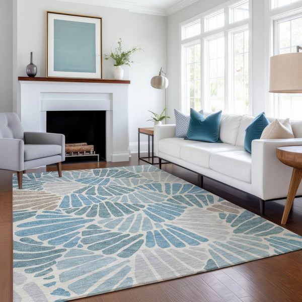 HomeRoots 10' X 14' Teal Blue, Ivory & Gray Floral Washable Area Rug - Perfect for Indoor/Outdoor Spaces! 689936