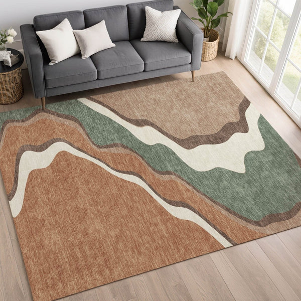 HomeRoots 5' Copper Ivory and Fern Green Abstract Area Rug - Durable, Washable Design for Indoor & Outdoor Use 689938
