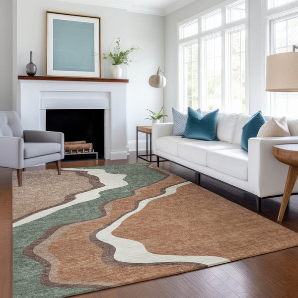 HomeRoots 5' Copper Ivory and Fern Green Abstract Area Rug - Durable, Washable Design for Indoor & Outdoor Use 689938