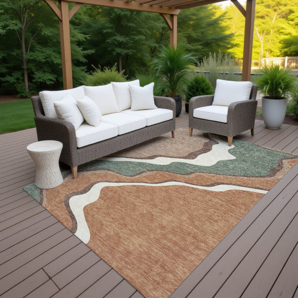 HomeRoots 5' Copper Ivory and Fern Green Abstract Area Rug - Durable, Washable Design for Indoor & Outdoor Use 689938