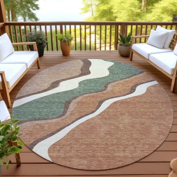 HomeRoots 8' Copper Ivory Fern Green Round Area Rug - Abstract Geometric Design for Indoor & Outdoor Spaces 689939