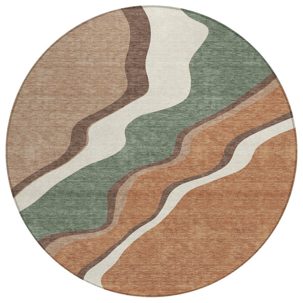 HomeRoots 8' Copper Ivory Fern Green Round Area Rug - Abstract Geometric Design for Indoor & Outdoor Spaces 689939