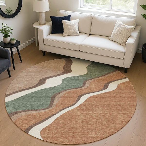 HomeRoots 8' Copper Ivory Fern Green Round Area Rug - Abstract Geometric Design for Indoor & Outdoor Spaces 689939