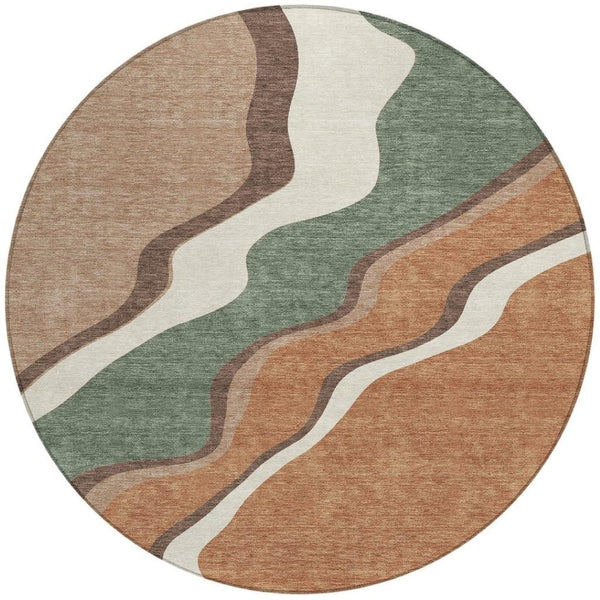 HomeRoots 8' Copper Ivory Fern Green Round Area Rug - Abstract Geometric Design for Indoor & Outdoor Spaces 689939