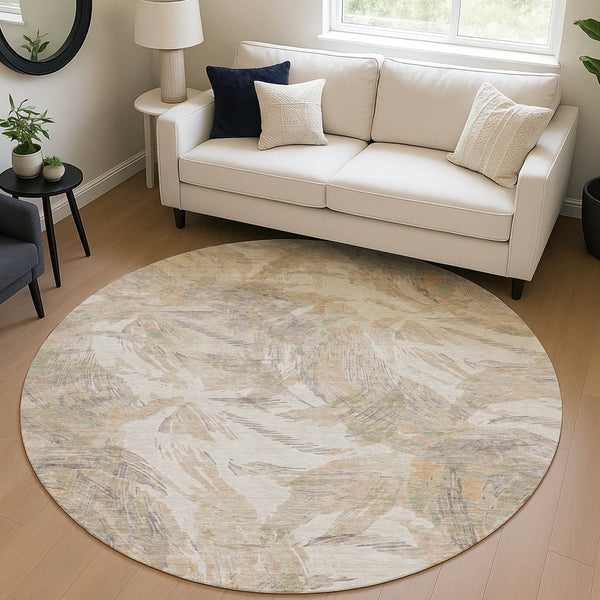 HomeRoots 8' Khaki and Ivory Round Floral Rug - Stylish, Washable Area Accent for Indoor & Outdoor Spaces 689951