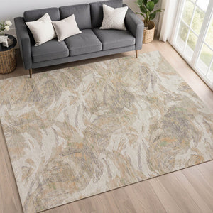 HomeRoots 10' Khaki and Ivory Floral Washable Area Rug - Durable, Versatile Indoor/Outdoor Design for All Spaces 689954