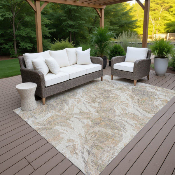 HomeRoots 10' Khaki and Ivory Floral Washable Area Rug - Durable, Versatile Indoor/Outdoor Design for All Spaces 689954