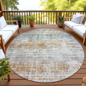 HomeRoots 8' Copper Beige and Blue Round Striped Area Rug - Stylish, Washable Design for Indoor & Outdoor Use 689957