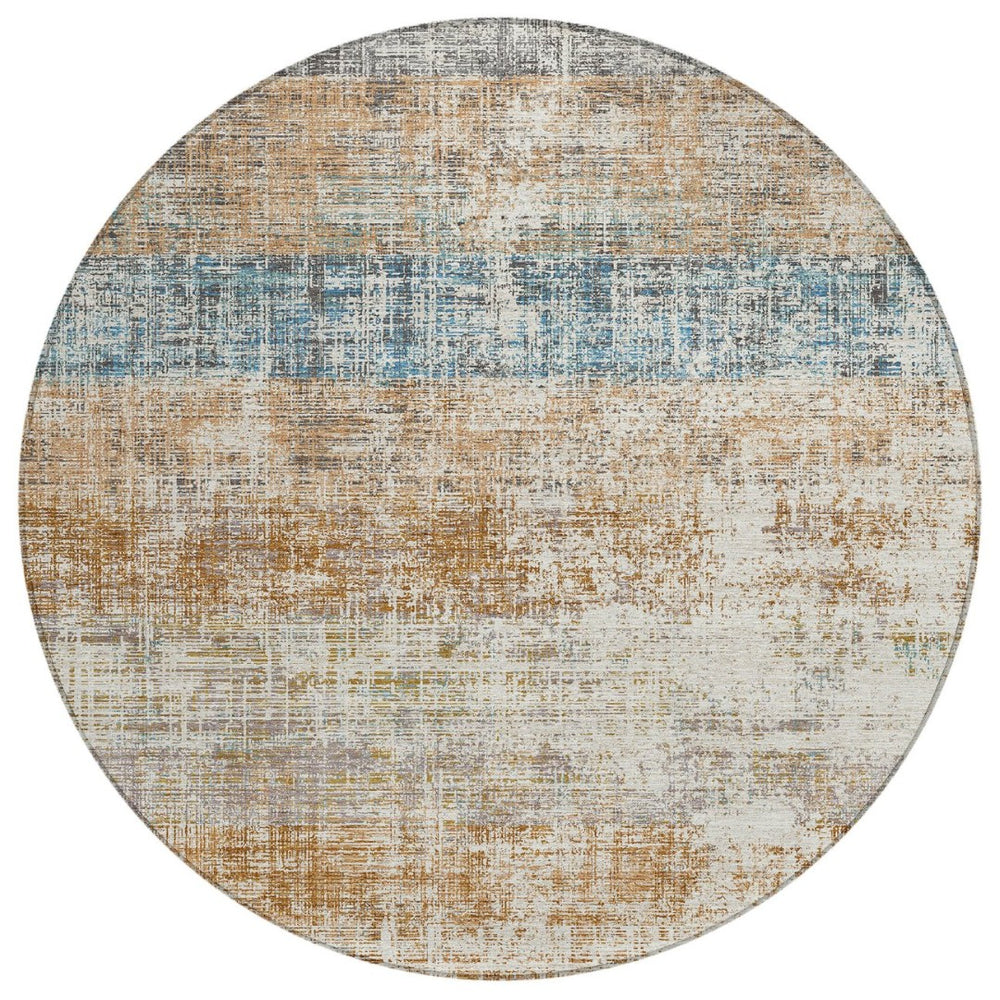 HomeRoots 8' Copper Beige and Blue Round Striped Area Rug - Stylish, Washable Design for Indoor & Outdoor Use 689957