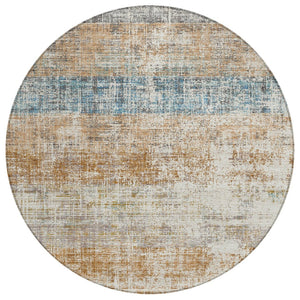 HomeRoots 8' Copper Beige and Blue Round Striped Area Rug - Stylish, Washable Design for Indoor & Outdoor Use 689957