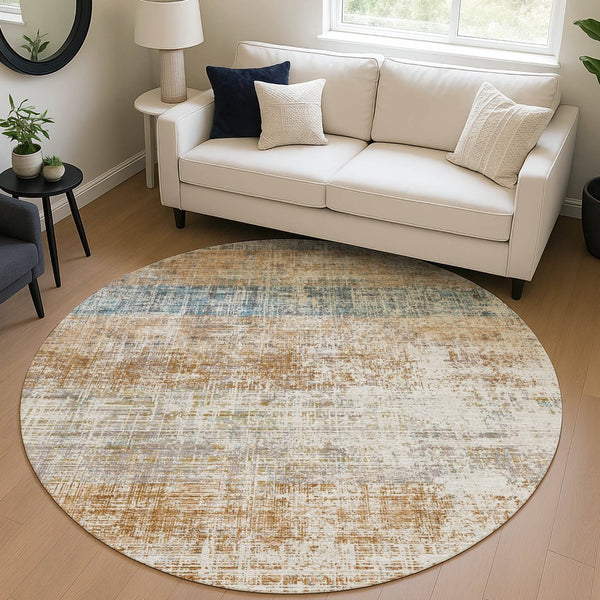 HomeRoots 8' Copper Beige and Blue Round Striped Area Rug - Stylish, Washable Design for Indoor & Outdoor Use 689957