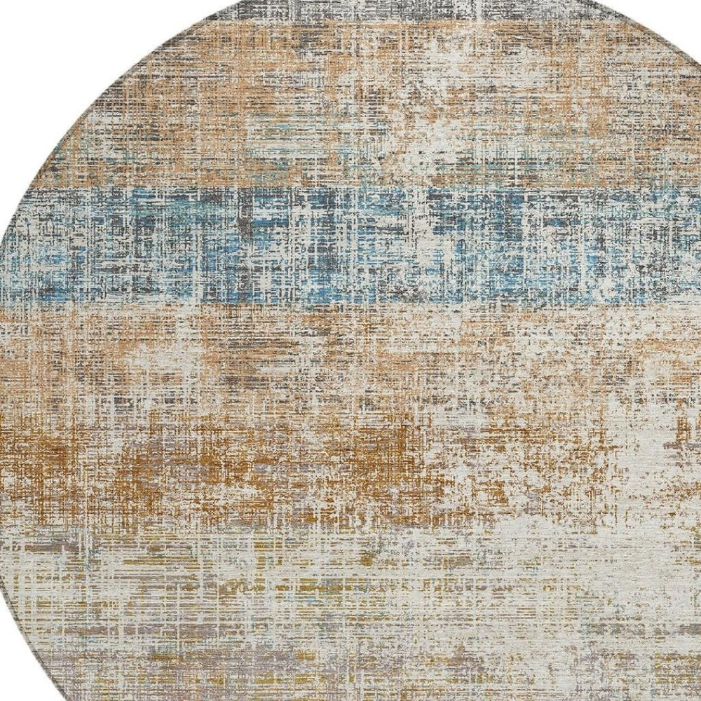 HomeRoots 8' Copper Beige and Blue Round Striped Area Rug - Stylish, Washable Design for Indoor & Outdoor Use 689957
