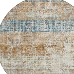 HomeRoots 8' Copper Beige and Blue Round Striped Area Rug - Stylish, Washable Design for Indoor & Outdoor Use 689957