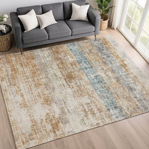 HomeRoots 8' Copper Beige and Blue Striped Indoor Outdoor Area Rug - Stylish, Durable, Washable, Versatile Decor! 689958