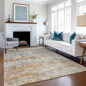 HomeRoots 8' Copper Beige and Blue Striped Indoor Outdoor Area Rug - Stylish, Durable, Washable, Versatile Decor! 689958