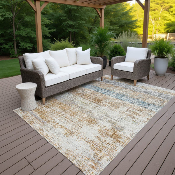 HomeRoots 8' Copper Beige and Blue Striped Indoor Outdoor Area Rug - Stylish, Durable, Washable, Versatile Decor! 689958