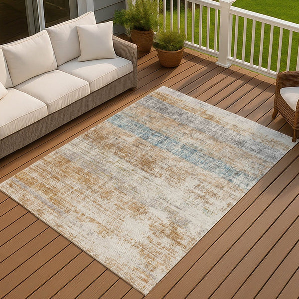 HomeRoots 9' Striped Copper Beige and Blue Washable Area Rug - Durable Indoor/Outdoor Decor for High Traffic! 689959
