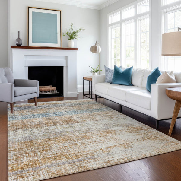 HomeRoots 9' Striped Copper Beige and Blue Washable Area Rug - Durable Indoor/Outdoor Decor for High Traffic! 689959
