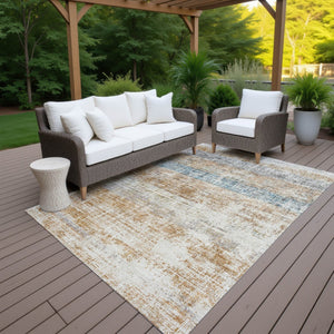 HomeRoots 9' Striped Copper Beige and Blue Washable Area Rug - Durable Indoor/Outdoor Decor for High Traffic! 689959