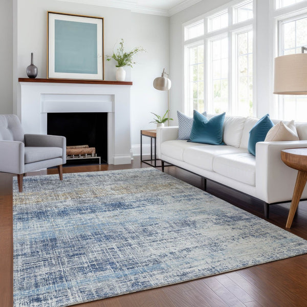 HomeRoots 5' X 8' Washable Denim Blue and Ivory Striped Area Rug for Indoor/Outdoor Use - Durable & Stylish! 689962