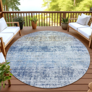 HomeRoots 8' Round Striped Indoor Outdoor Area Rug in Denim Blue, Ivory & Beige - Durable & Washable Design 689963