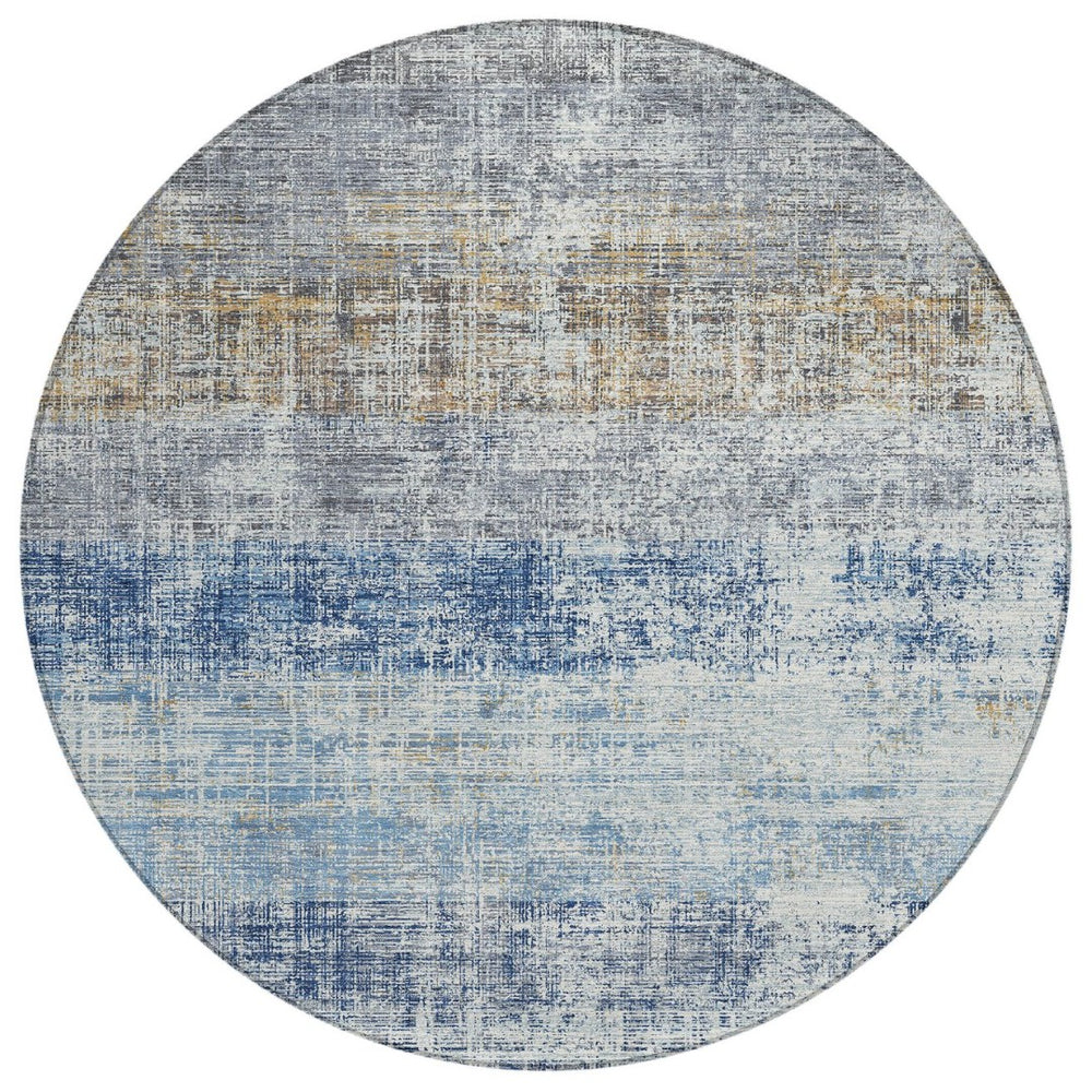 HomeRoots 8' Round Striped Indoor Outdoor Area Rug in Denim Blue, Ivory & Beige - Durable & Washable Design 689963