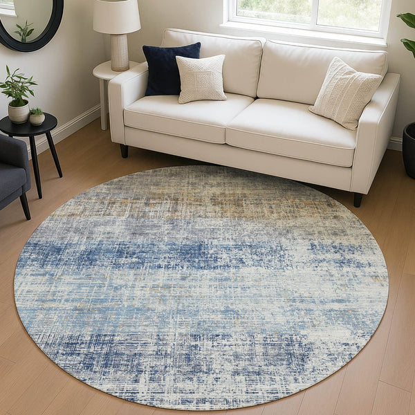 HomeRoots 8' Round Striped Indoor Outdoor Area Rug in Denim Blue, Ivory & Beige - Durable & Washable Design 689963