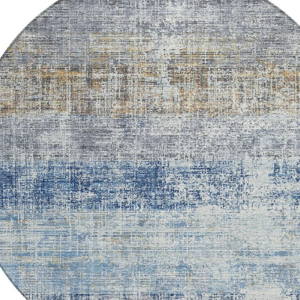 HomeRoots 8' Round Striped Indoor Outdoor Area Rug in Denim Blue, Ivory & Beige - Durable & Washable Design 689963