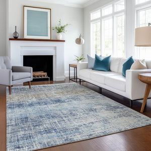 HomeRoots 10' X 14' Stylish Denim Blue, Ivory & Beige Striped Area Rug – Washable for Indoor & Outdoor Use! 689966