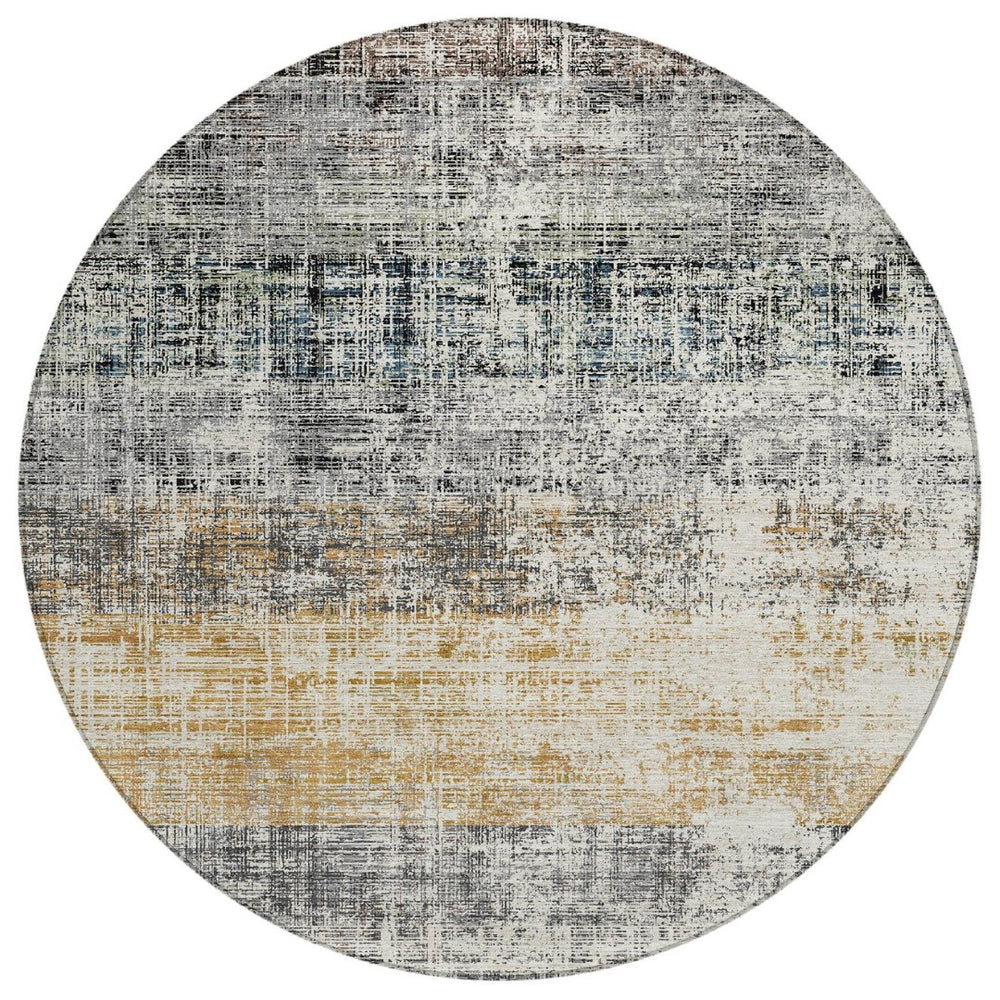 HomeRoots 8' Stylish Gray, Silver & Gold Striped Round Rug - Washable Indoor/Outdoor Area Rug for High-Traffic Spaces 689969