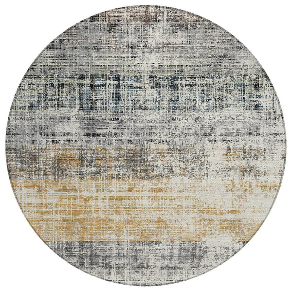 HomeRoots 8' Stylish Gray, Silver & Gold Striped Round Rug - Washable Indoor/Outdoor Area Rug for High-Traffic Spaces 689969