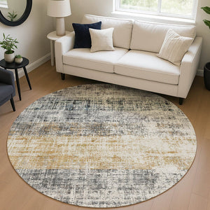 HomeRoots 8' Stylish Gray, Silver & Gold Striped Round Rug - Washable Indoor/Outdoor Area Rug for High-Traffic Spaces 689969