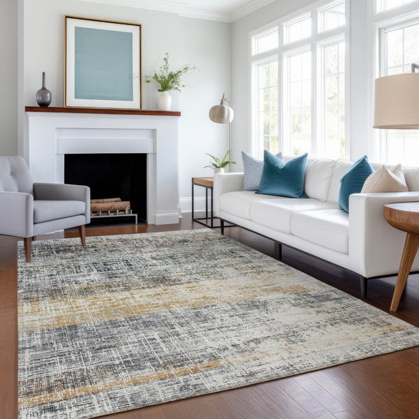 HomeRoots 10' Gray Silver and Gold Striped Washable Area Rug - Indoor/Outdoor Versatile Design for High-Traffic Areas 689972
