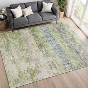 HomeRoots 9' X 12' Striped Washable Area Rug in Green, Ivory & Blue - Durable, Stylish & Perfect for Any Space! 689977