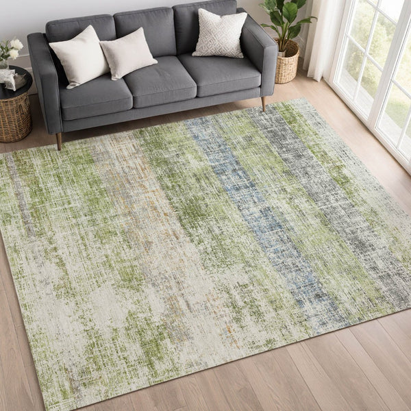HomeRoots 9' X 12' Striped Washable Area Rug in Green, Ivory & Blue - Durable, Stylish & Perfect for Any Space! 689977