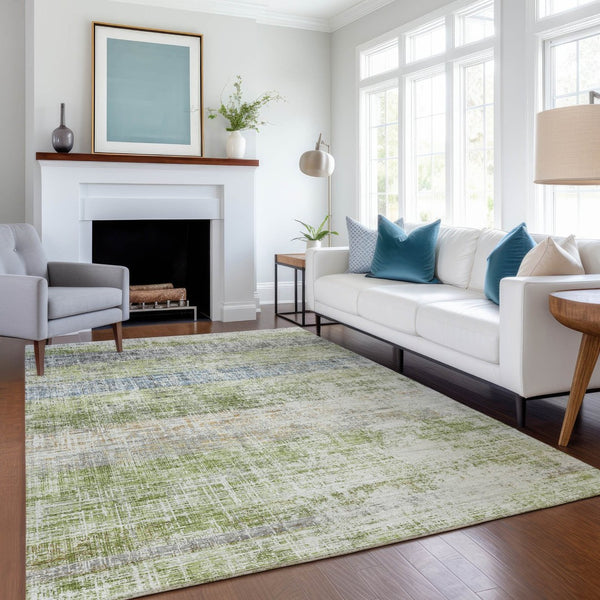 HomeRoots 9' X 12' Striped Washable Area Rug in Green, Ivory & Blue - Durable, Stylish & Perfect for Any Space! 689977
