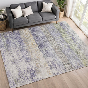 HomeRoots 10' Stylish Lavender, Ivory & Gray Striped Washable Area Rug for Indoor & Outdoor Spaces, Easy Care 689984