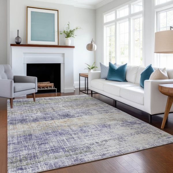 HomeRoots 10' Stylish Lavender, Ivory & Gray Striped Washable Area Rug for Indoor & Outdoor Spaces, Easy Care 689984