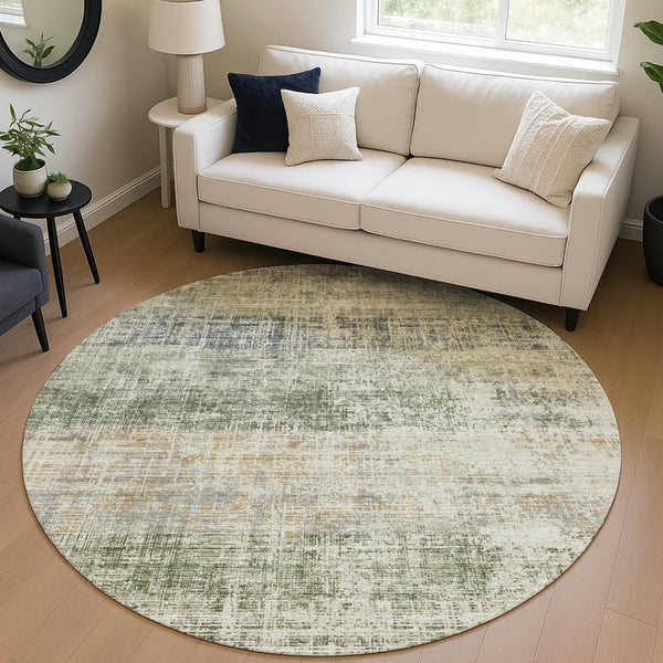HomeRoots 8' Striped Olive Green, Beige & Brown Round Washable Area Rug for Indoor & Outdoor Spaces 689987