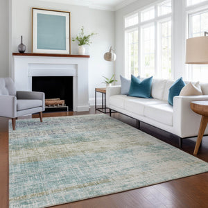 HomeRoots 5' Stylish Teal Blue and Beige Striped Washable Area Rug for Indoor/Outdoor Use, Stain-Resistant 689998