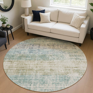 HomeRoots 8' Teal Blue and Beige Round Striped Rug - Stylish, Washable Area Rug for Indoor/Outdoor Use 689999