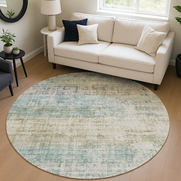 HomeRoots 8' Teal Blue and Beige Round Striped Rug - Stylish, Washable Area Rug for Indoor/Outdoor Use 689999