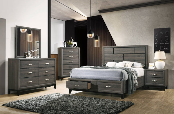 English Elm Weathered Grey Five-Drawer Chest with Rustic Vintage Finish, Smooth Pulls, Generous Storage Space B062P209052