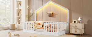 English Elm Twin Montessori Floor Bed House Frame with Led Lighting and Safety Rails for Kids White W2593P440594