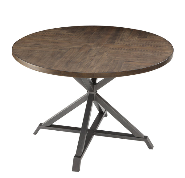 English Elm Industrial Round Dining Table 45" Dia Burnished Herringbone Pine Top with Gray Metal Frame Rustic Charm B011P199728